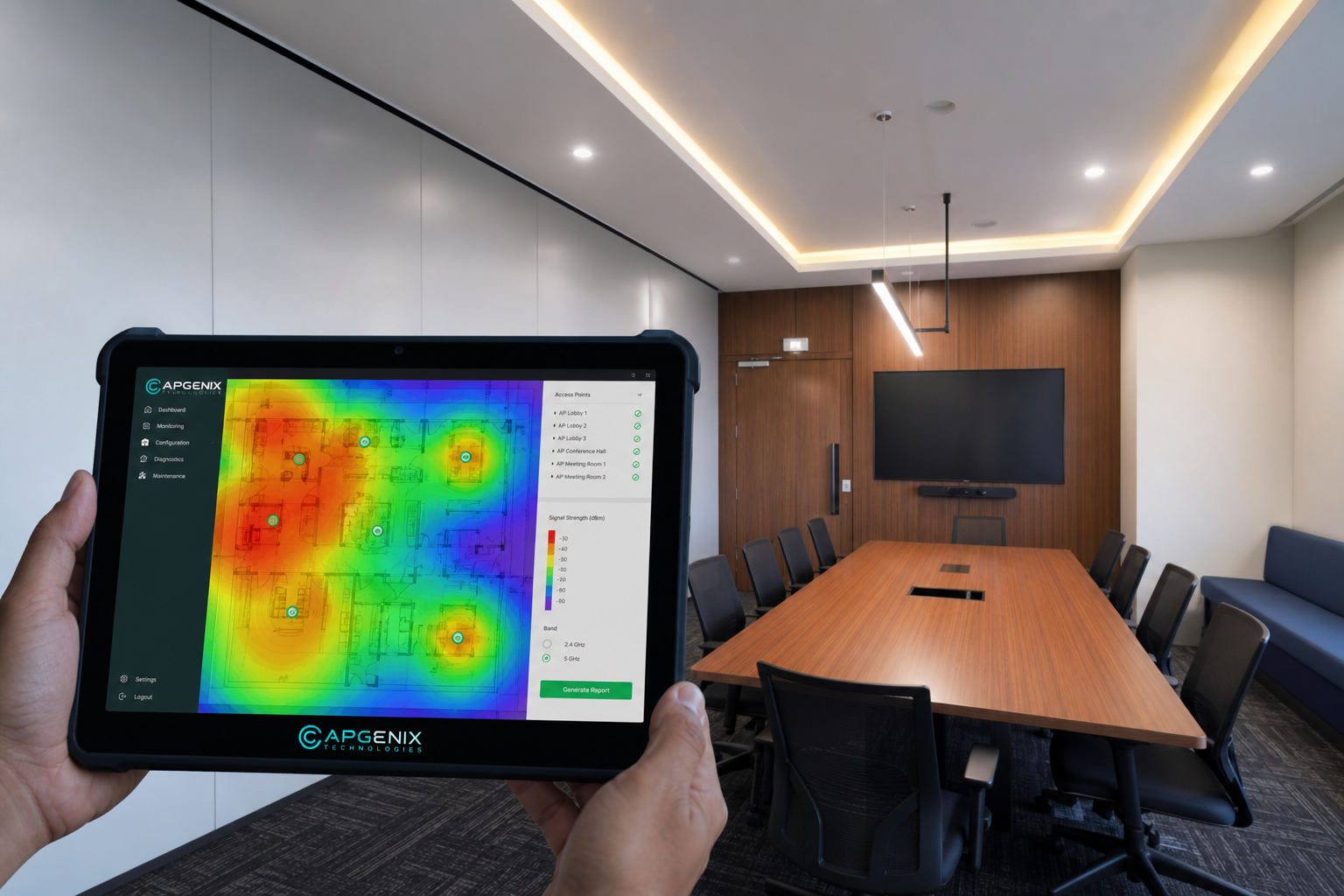 wifi setup for offices in hyderabad - Capgenix technician installing wireless access point